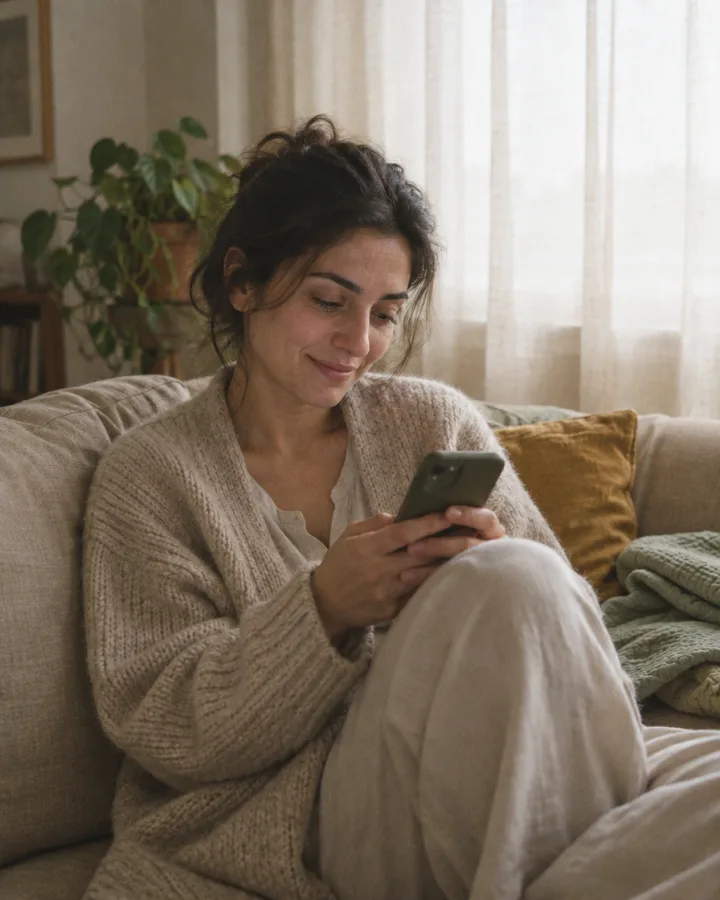 Sabah ışığında koltuğa kıvrılmış, telefonuna bakan bir anne