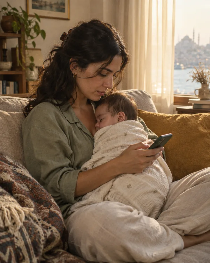 Kucağında uyuyan bebeğiyle telefonuna soru yazan bir anne