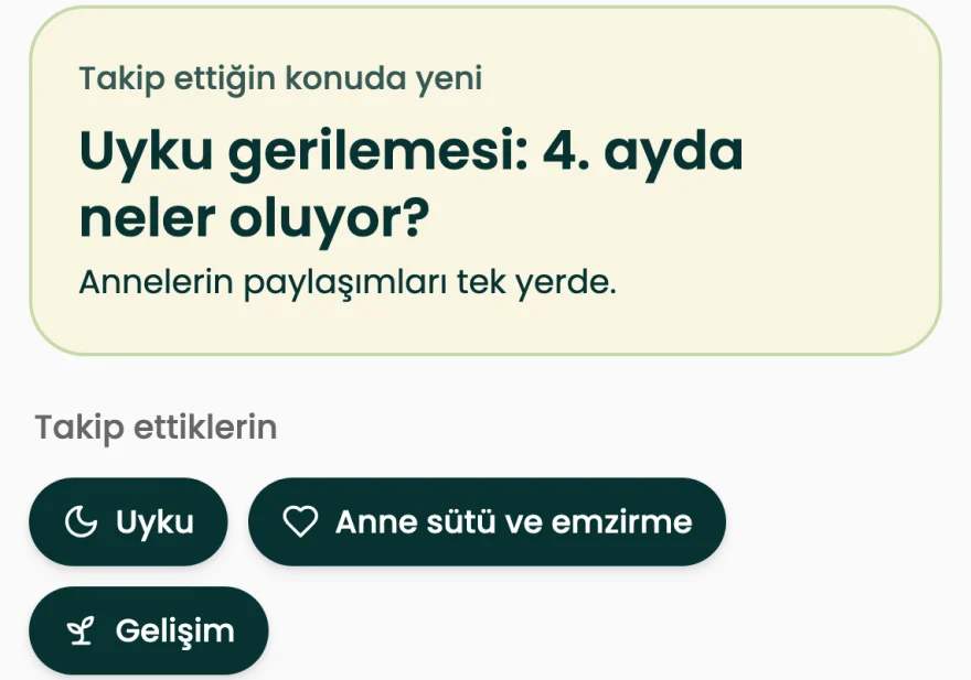 Konular ekranı: takip edilen uyku, emzirme ve gelişim konuları